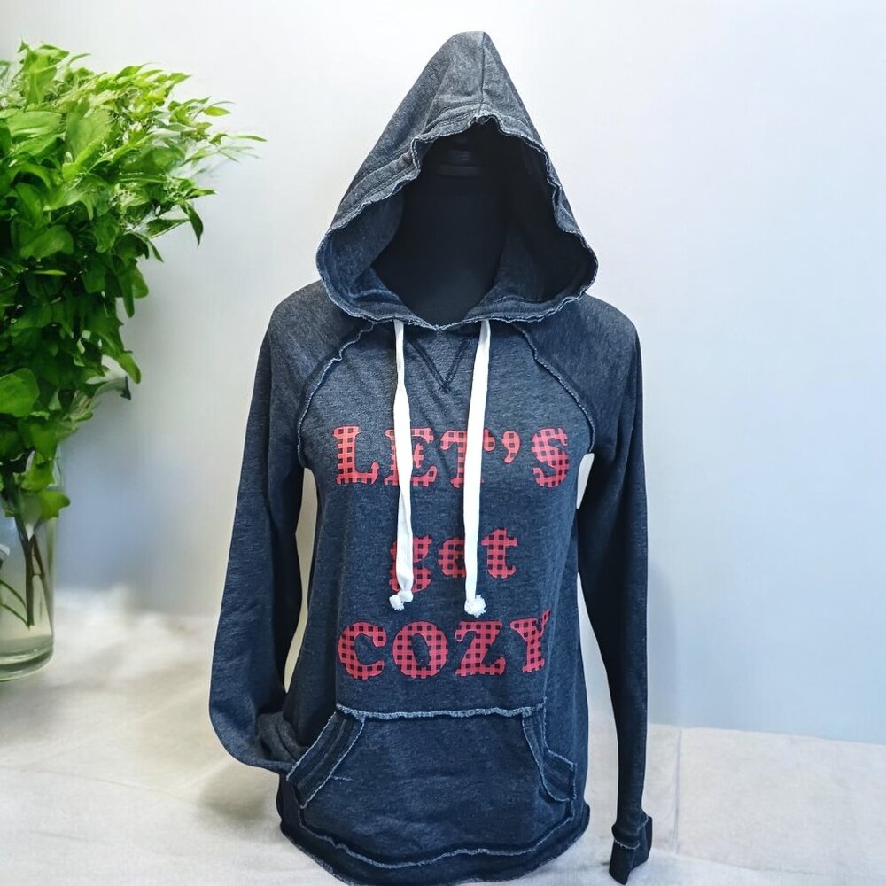 NWT Grayson Threads "Let's Get Cozy" Gray Distressed Kangaroo Hoodie Size XS